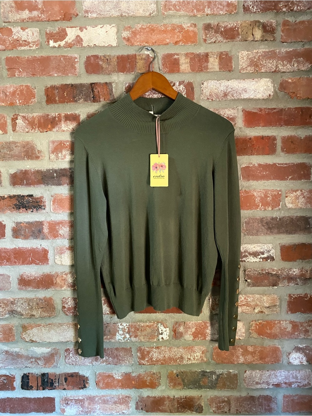entro Olive Green Crewneck Sweater with Button-Sleeve Detail